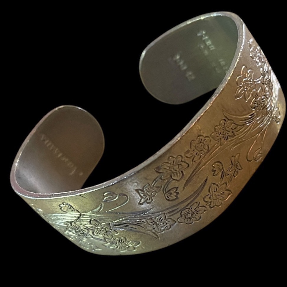 Kirk Stieff Pewter Narcissus Floral Cuff Bracelet 900-12 Vintage Wide Band